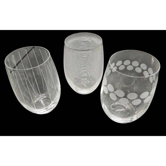 Mikasa Cheers Stemless Wine Glass 17 OZ Set of 3 Clear Etched Brand Dots Lines - Picture 1 of 9